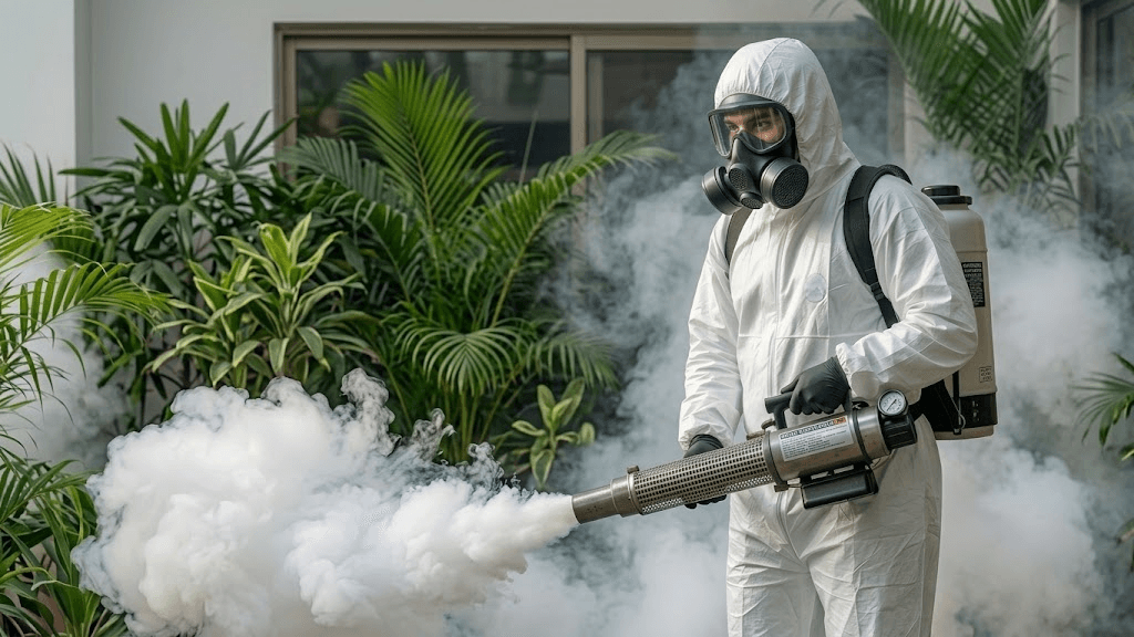 Pest control technician fumigating with advanced thermal fogger